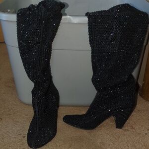 Black Sparkle Knee-High Women's Boots - Elegant Evening Style